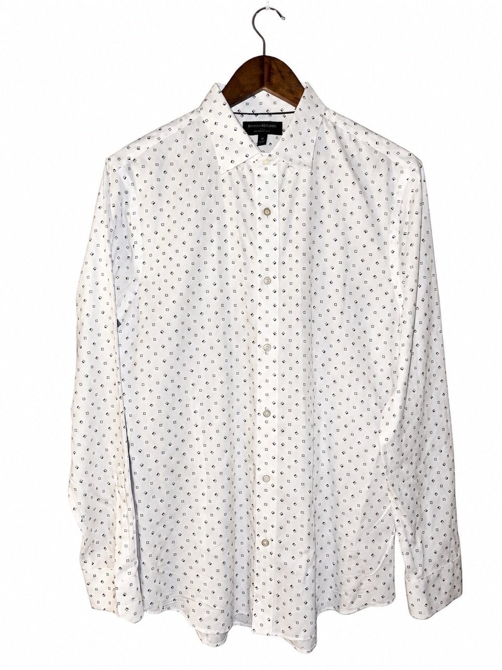 Banana Republic White Mens Microprint Long-Sleeve Shirt Mediumu